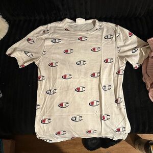 Champion All-Over Logo White Short Sleeve Tee with Red & Navy Accents